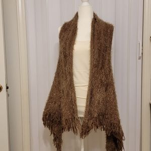 Donna Diosa Brown Eye Lash Hem Fly Away Open Boho Hippie Fuzzie Vest Free Sz